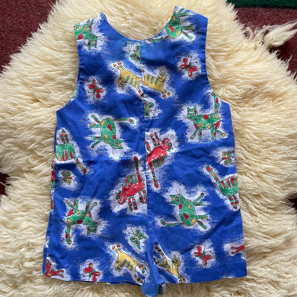 Vintage 80s primary color cat romper cat lover clothes 18 mo.